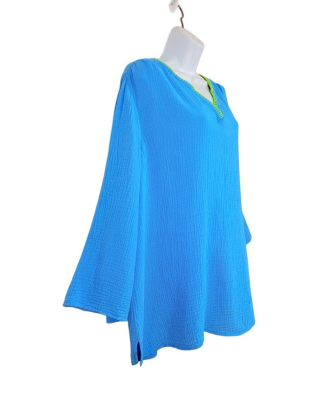 Blue Gauze Tunic Top Neon Stitch Trim XL Boho 100%Cotton - Picture 3 of 6